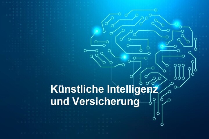 Logo der Jahrestagung: Auf blauem Hintergrund sieht man ein elektronisches Gehirn aus künstlichen neuronalen Netzen mit dem Schriftzug "Künstliche Intelligenz und Versicherung"