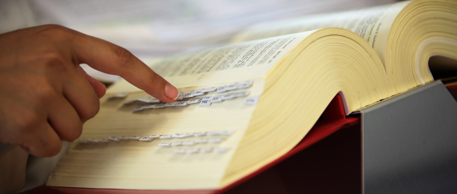 Aufgeschlagenes Buch mit Hand, die auf etwas zeigt